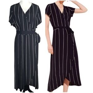 LOFT Plus Wrap Dress Size 16 Black & Beige Stripe Midi Short Sleeve 100% Rayon